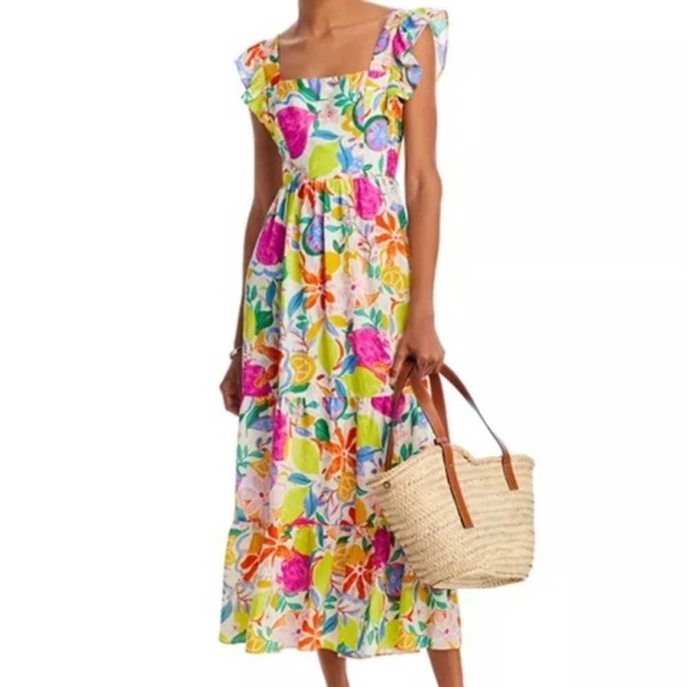 AQUA Maxi Dress Women Small Multi Color Fruit Floral Ruffle Tiered Back Tie